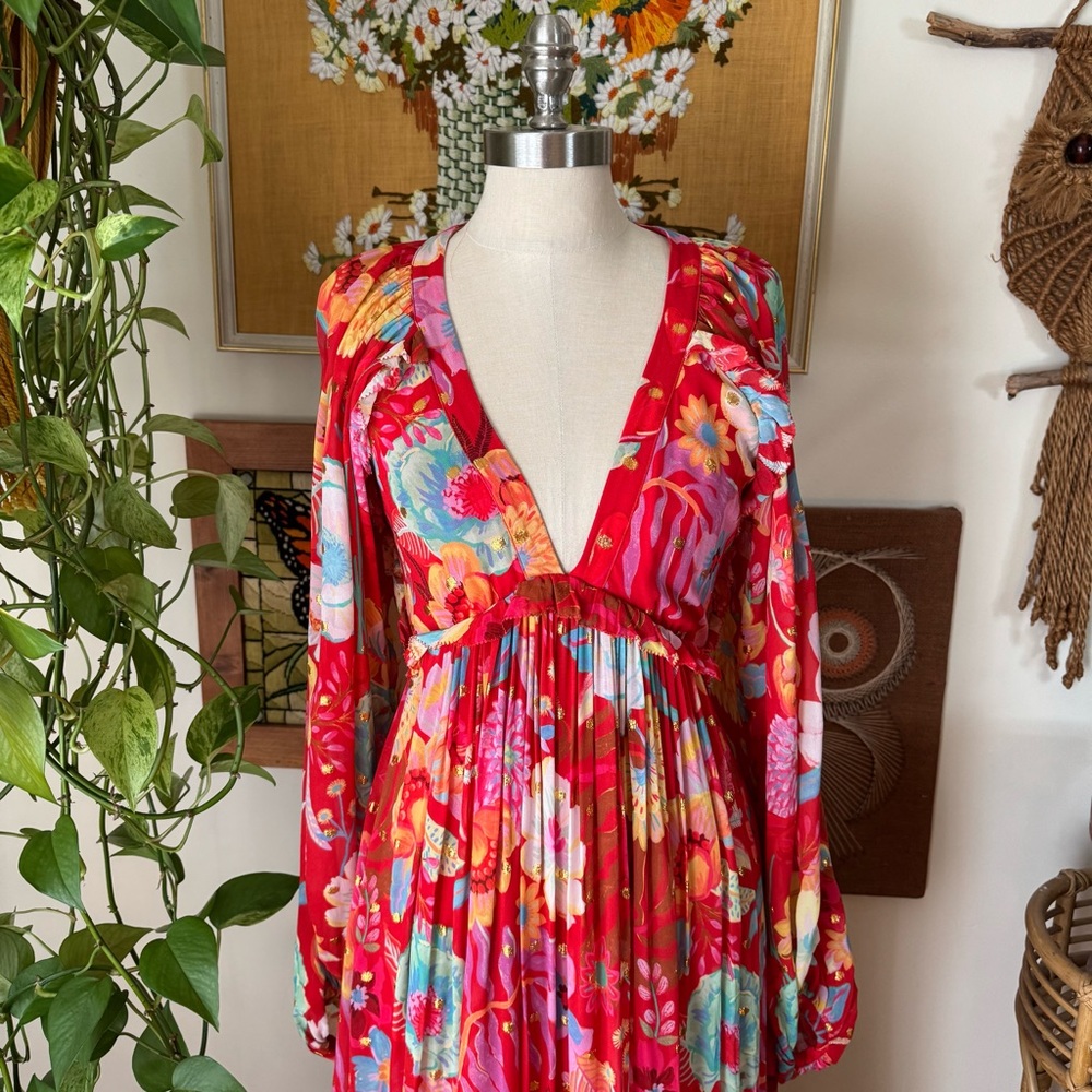 FARM Rio Hudson Red Floral Deep V Neck Balloon Sleeve Maxi Dress, XS